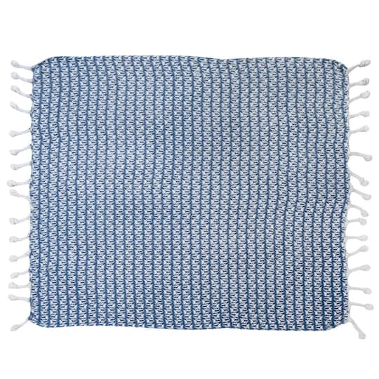 Blue &#x26; Cream Printed Cotton Throw Blanket with Braided Pom Pom Tassels
